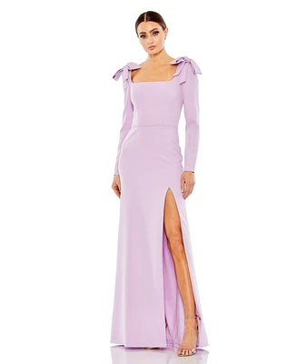 Mac Duggal Women's Ieena Empire Long Sleeve Bow Shoulder Slip Gown