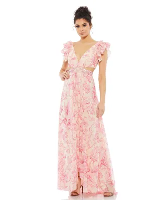 Mac Duggal Women's Ieena Floral Printed Ruffle Shoulder Lace Up Gown