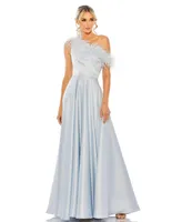 Mac Duggal Women's One Shoulder A Line Gown With Feather Detail