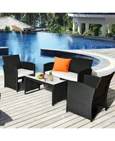 4PCS Patio Rattan Furniture Conversation Set Cushioned Sofa Coffee Table Garden
