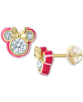 Disney Cubic Zirconia & Deep Pink Enamel Minnie Mouse Stud Earrings in 18k Gold-Plated Sterling Silver