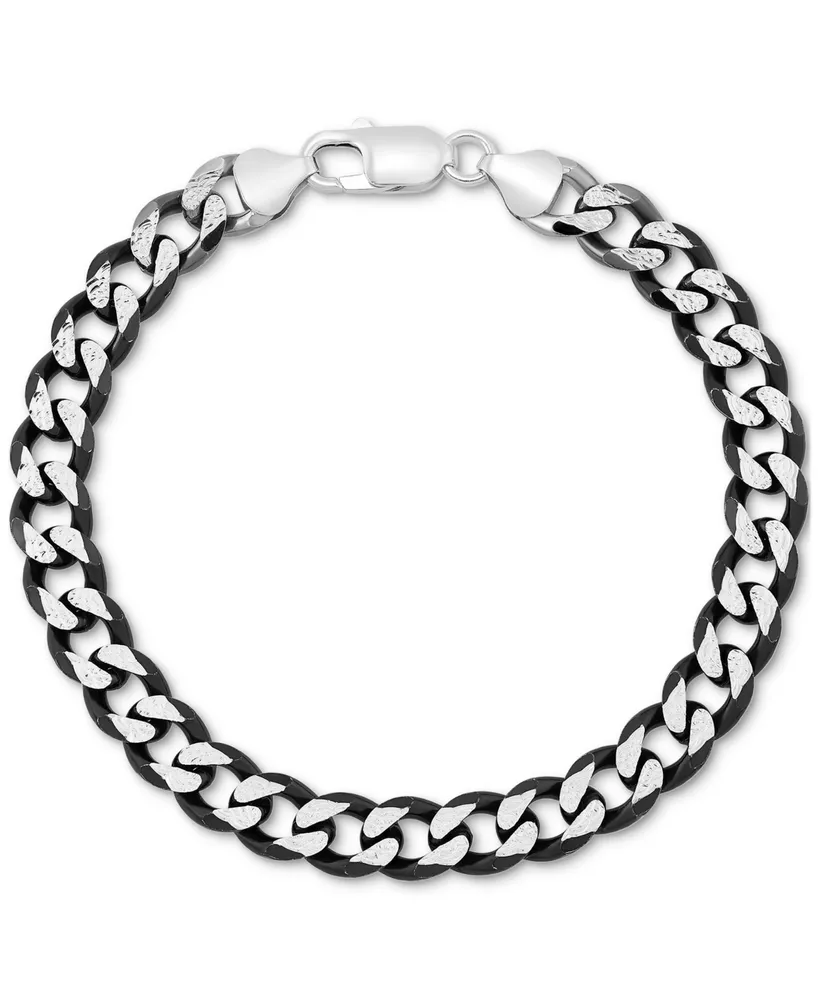 Italian Silver Men's Curb Link Chain Bracelet in Sterling Silver & Black Ruthenium-Plate