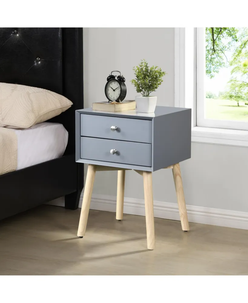 Simplie Fun Side Table, Bedside Table With 2 Drawers And Rubber Wood Legs