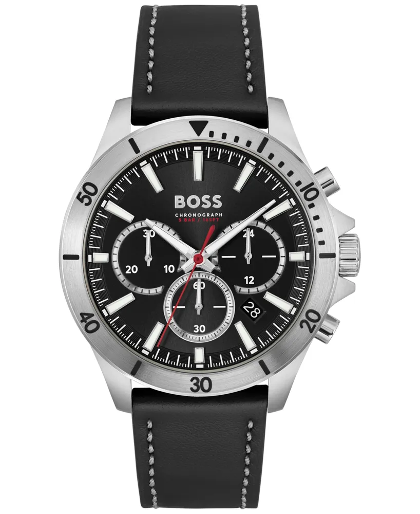 Boss Men's Chronograph Troper Black Leather Strap Watch 45mm