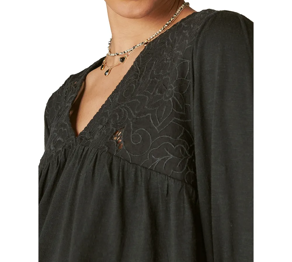 Lucky Brand Women's Floral-Embroidered Cutout Knit Top