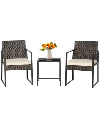 3pcs Patio Furniture Set Heavy Duty Cushioned Wicker Rattan Chairs Table
