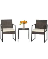 Costway 3pcs Patio Furniture Set Heavy Duty Cushioned Wicker Rattan Chairs Table