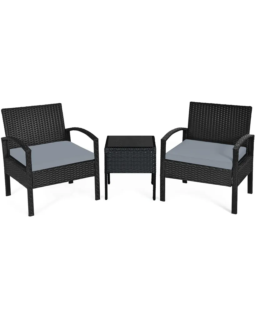 3PCS Patio Rattan Furniture Set Coffee Table Conversation Sofa Cushioned