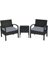 3PCS Patio Rattan Furniture Set Coffee Table Conversation Sofa Cushioned