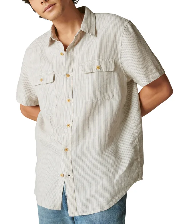 Lucky Brand Men's Linen Madras Plaid Short Sleeves Camp Collar