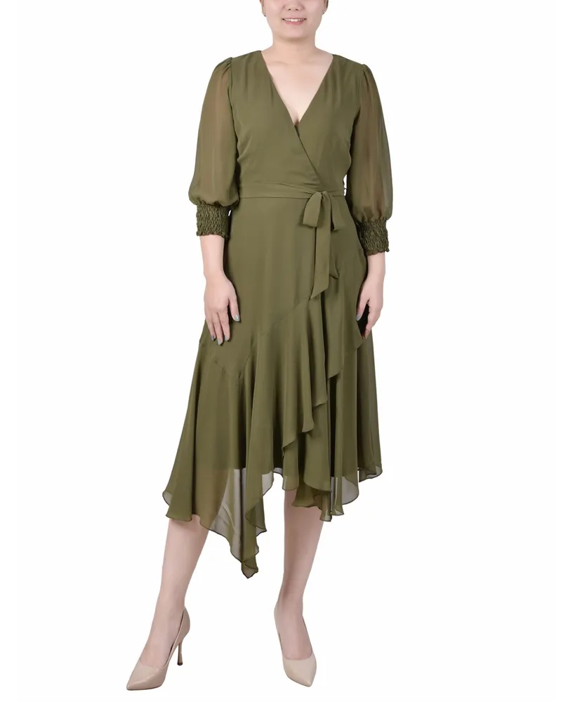 Ny Collection Women's 3/4 Sleeve Belted Chiffon Handkerchief Hem Dress