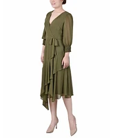 Ny Collection Women's 3/4 Sleeve Belted Chiffon Handkerchief Hem Dress