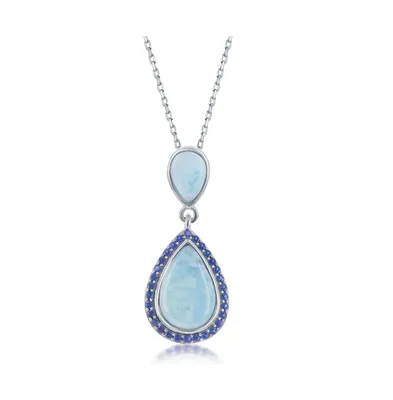 Sterling Silver Double Pear-Shaped Larimar with Sapphire Cz Necklace