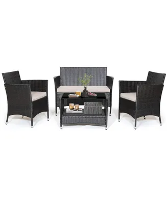 4PCS Patio Rattan Furniture Set Armrest Cushion Sofa Coffee Table withShelf Garden
