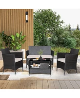 4PCS Patio Rattan Furniture Set Armrest Cushion Sofa Coffee Table withShelf Garden