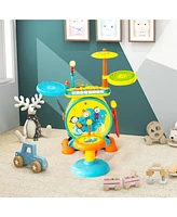 2-in-1 Kids Electronic Drum Kit Music Instrument Toy w/ Keyboard Microphone