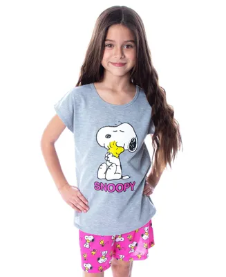 Peanuts Girls' Pajamas Snoopy And Woodstock T-Shirt Shorts Kids Pajama Set