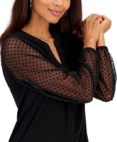 Kasper Women's Sheer-Sleeve Split-Neck Knit Top, Regular and Petite Sizes