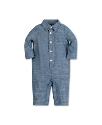 Hope & Henry Baby Boys Layette Long Sleeve Button Front Chambray Romper