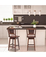 Set of 2 Swivel Bar Stools Counter Height Rubber Wood Pub Chairs w/ Rattan Back