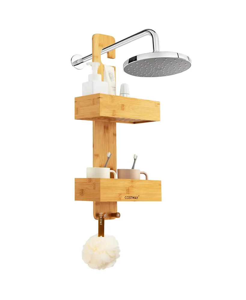 2-Tier Bamboo Hanging Shower Caddy Bathroom Shelf with 2 Hooks