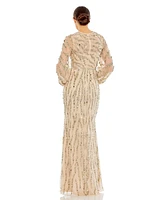 Women's Embellished High Neck Puff Sleeve Trumpet Gown