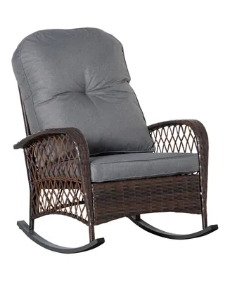 Outsunny Outdoor Wicker Chair with Wide Seat, Thick, Soft Cushion, Rattan Rocker w/Steel Frame, High Weight Capacity for Patio, Garden, Backyard, Grey