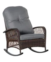 Outsunny Outdoor Wicker Chair with Wide Seat, Thick, Soft Cushion, Rattan Rocker w/Steel Frame, High Weight Capacity for Patio, Garden, Backyard, Grey