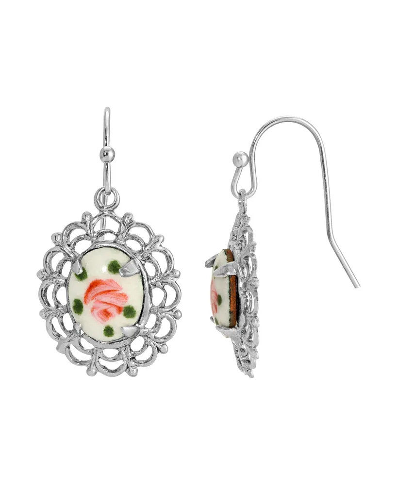 2028 Glass Flower Decal Oval Drop Earrings