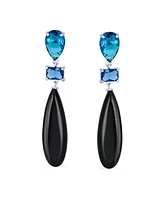 Bling Jewelry Linear Multi Color Black Natural Onyx Blue Turquoise Navy Sodalite Rose Quartz Chandelier Elongated Long Teardrop Dangling Earrings