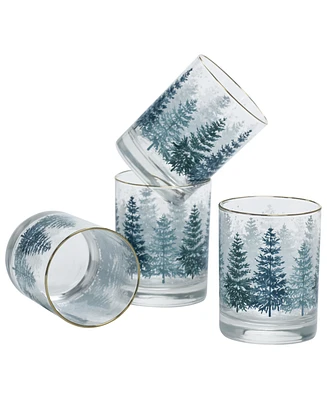 Culver 14-Ounce 22 Carat Gold-Tone Rim Dof (Double Old Fashioned) Glass Set of 4 - Holiday Winter Pine Trees