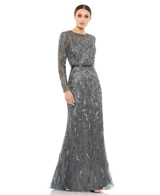 Mac Duggal Women's Beaded Long Sleeve Evening Gown