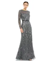 Mac Duggal Women's Beaded Long Sleeve Evening Gown