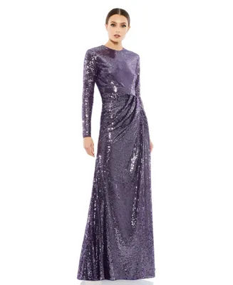 Women's Sequined High Neck Long Sleeve Draped Gown