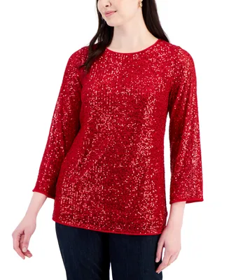 Jm Collection Women's Scoop-Neck 3/4-Sleeve Sequin Tunic, Created for Macy's