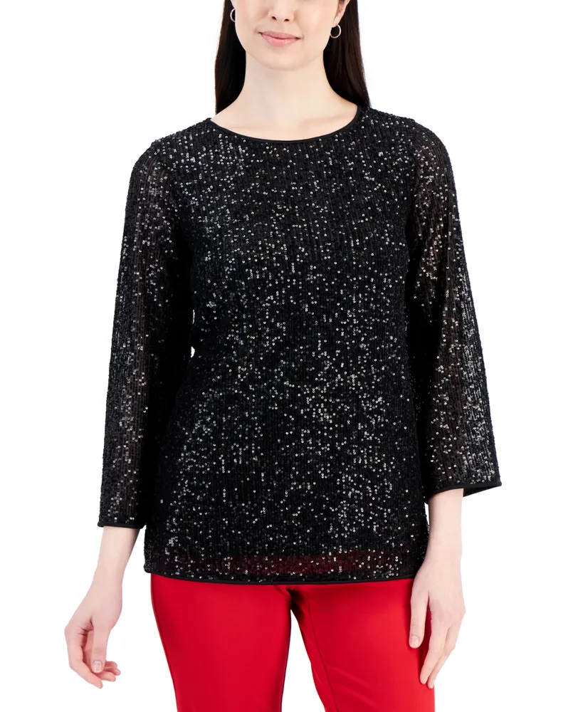 Jm Collection Petite Sequin 3/4-Sleeve Top, Created for Macy's
