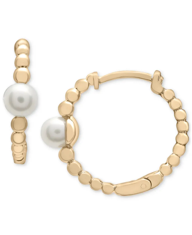 Cultured Freshwater Pearl (4mm) Beaded Small Hoop Earrings in 14k Gold-Plated Sterling Silver, 0.625"