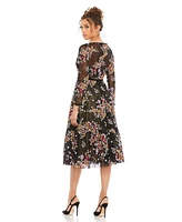 Mac Duggal Women's Black Floral Embroidered Tea Length Dress