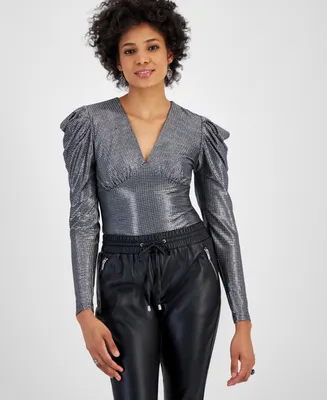 Bar Iii Women's Metallic Draped-Shoulder Bodysuit, Created for Macy's