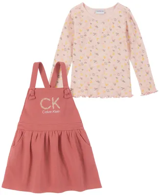 Calvin Klein Baby Girls Ribbed Print Jersey T-shirt and Fleece Apron Jumper with Diaper Cover, 2-Piece Set