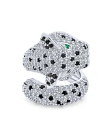 Bling Jewelry Green Eye Black White Cubic Zirconia Cz Fashion Leopard Panther Cat Statement Bypass Ring For Women Rhodium Plated Brass