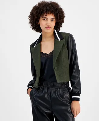 Avec Les Filles Women's Mixed-Media Cropped Varsity Blazer