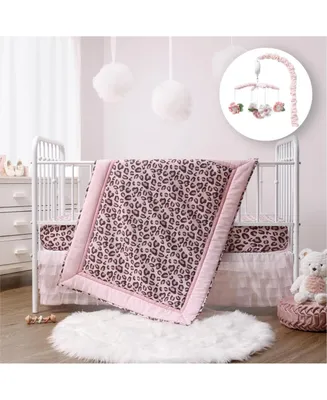 The Peanutshell Leopard Blush 4 Piece Baby Girl Nursery Crib Bedding Set, Quilt, Crib Sheet, Crib Skirt, and Mobile