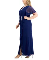 Alex Evenings Plus Flutter-Sleeve Embellished-Trim Gown