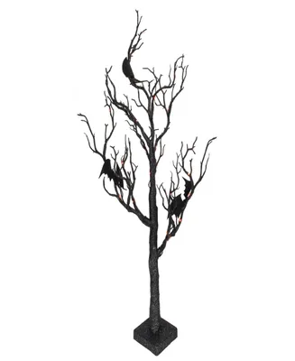 26.5" Black Glittered Battery Operated Led Tabletop Halloween Tree with Bats and Lights