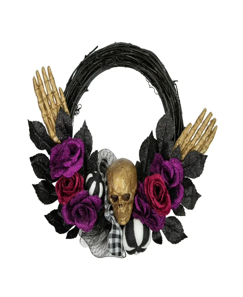 Skull with Hands and Roses Halloween Twig Wreath, 22" Unlit