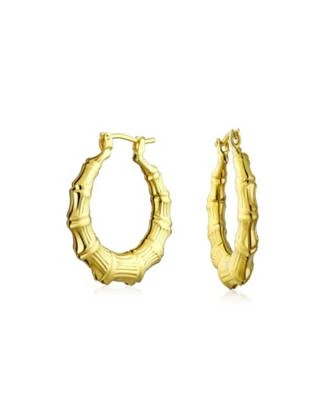 Bling Jewelry Light Weight Hollow Medium Bamboo Hoop Earrings Gold Plated Brass Diameter 1.25 Inch