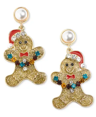 Holiday Lane Gold-Tone Imitation Pearl & Multicolor Crystal Gingerbread Drop Earrings, Created for Macy's