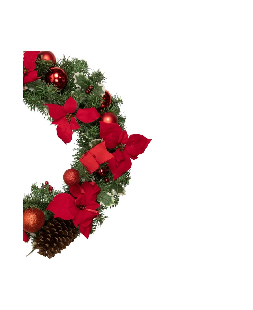 Poinsettia with Pinecone and Ball Artificial Christmas Wreath- 24" Unlit