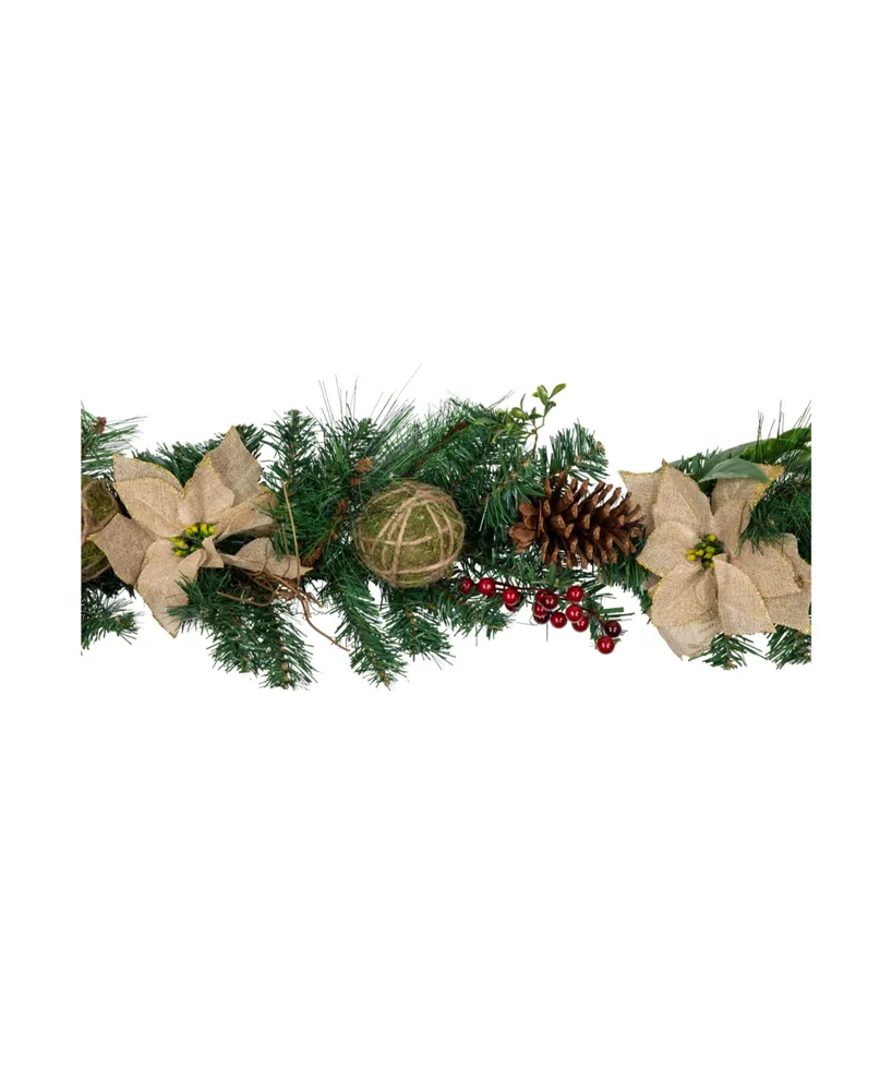 6' x 10" Burlap Poinsettia Moss Ball Mixed Pine and Berries Christmas Garland - Unlit